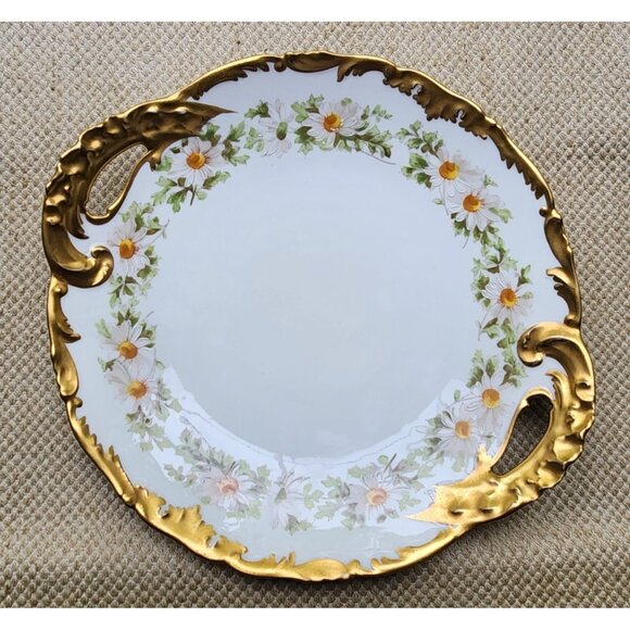 T & V Limoges Daisy Chain 2 Handled Venice Cake Plate 11" Heavy Gold Trim France - Picture 11 of 11
